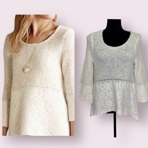 Anthropologie Knitted & Knotted Knit Lace Sweater Wool Alpaca Linen Ivory Medium